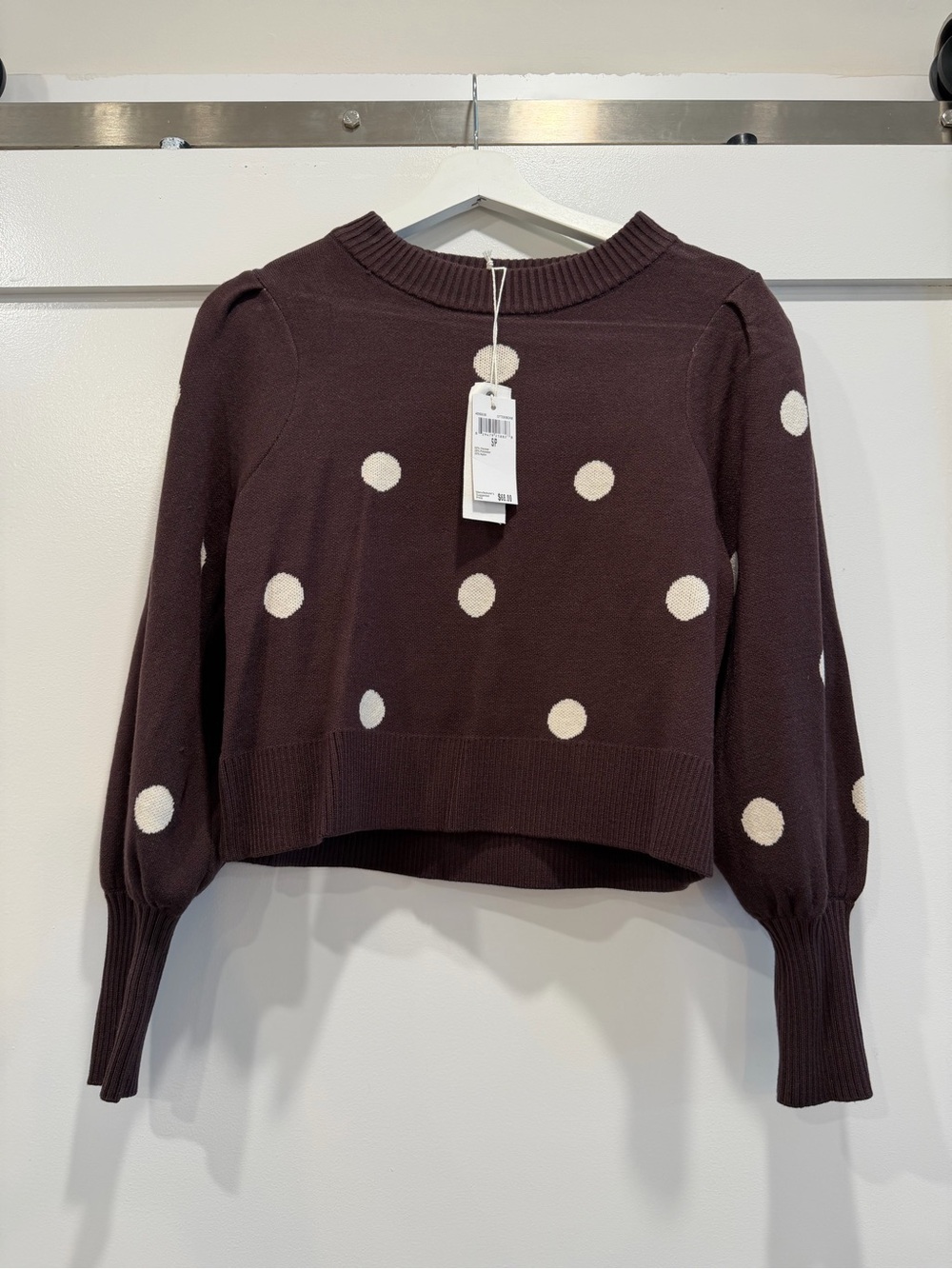 Workshop Women’s S Brown/White Polka Dot Puff Sleeve Crew Neck Knit Sweater